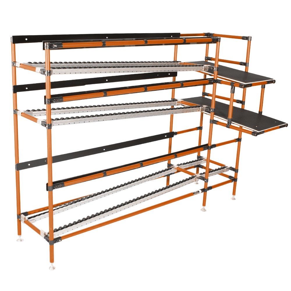 L-shaped flow racks for proximity of parts