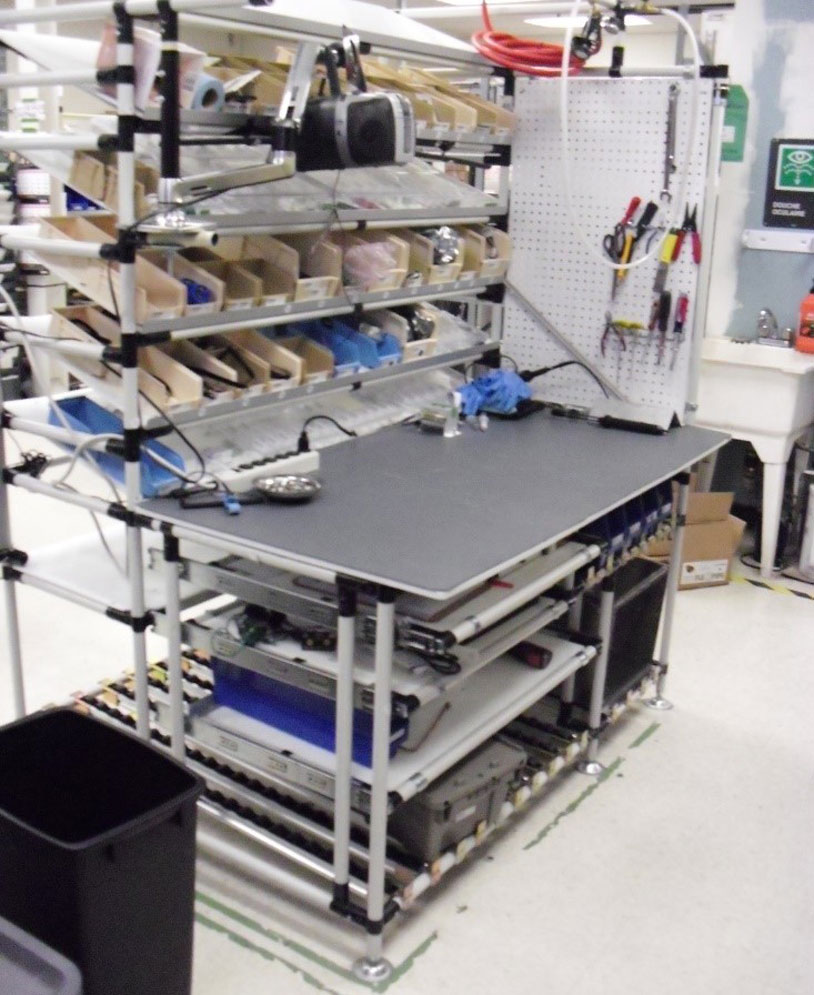 Assembly station with the bins system integrated directly into the workstation. Empty totes are located at the bottom.