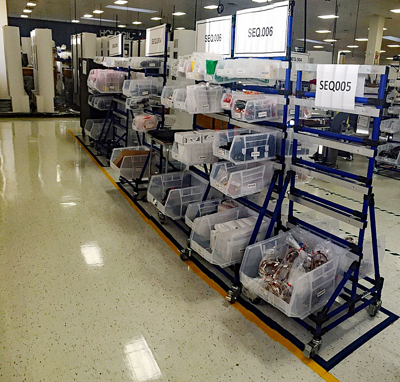 This supermarket regroups bins that are divided in 2 for Kanban purposes