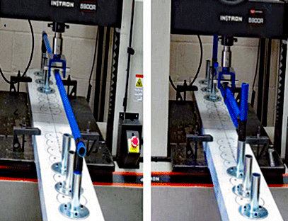 Instron 5900R machine shows the multiple circular rings on the jig. These circular rings correspond to the length of the pipe tested.