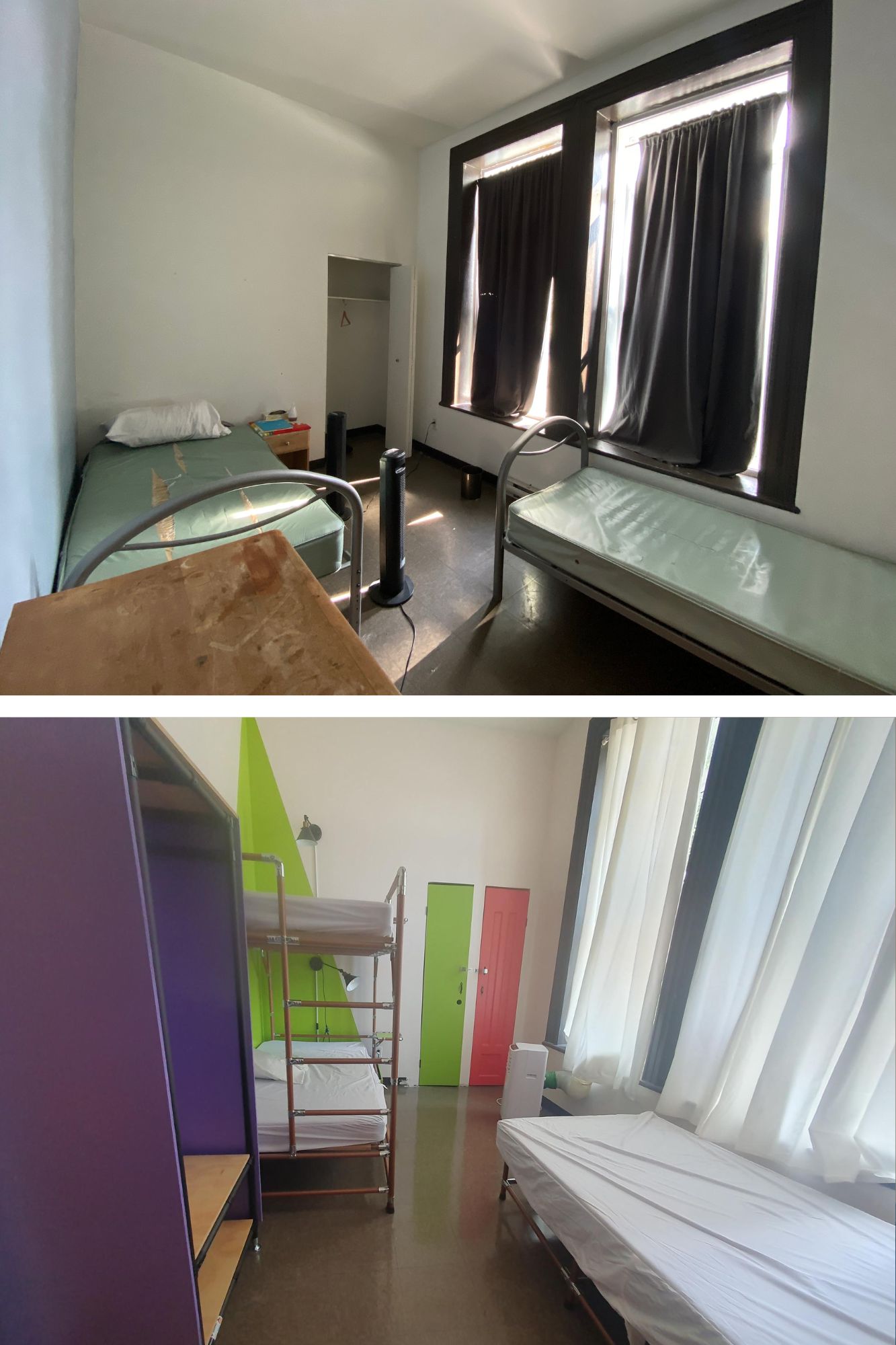 avant-après d'une chambre d'hébergement de l'organisme En Marge 12-17