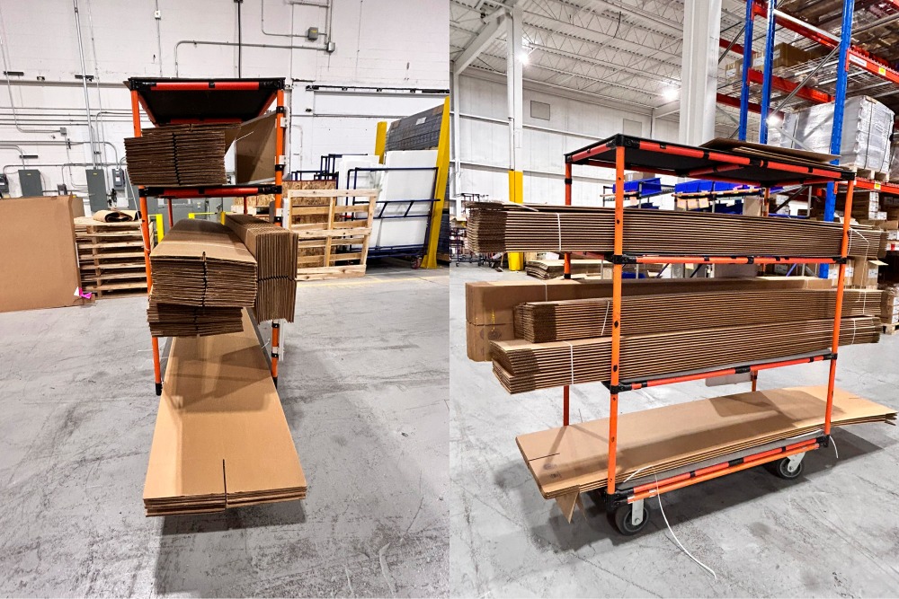 three-level narrow-aisle pushcart made of orange steel tubes and black joints.