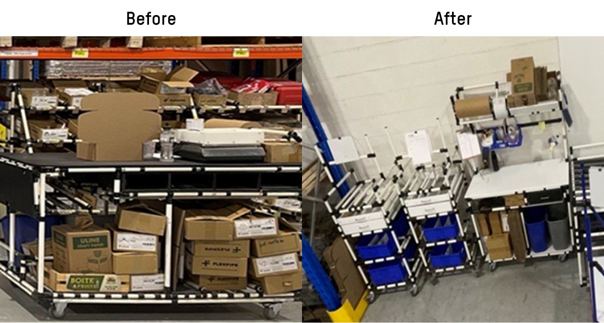 On the left, mobile packaging station that is overloaded with too many boxes. On the right, a clean mobile packaging station where employees can easily bring packed brackets in smaller mobile carts to pack and ship properly.