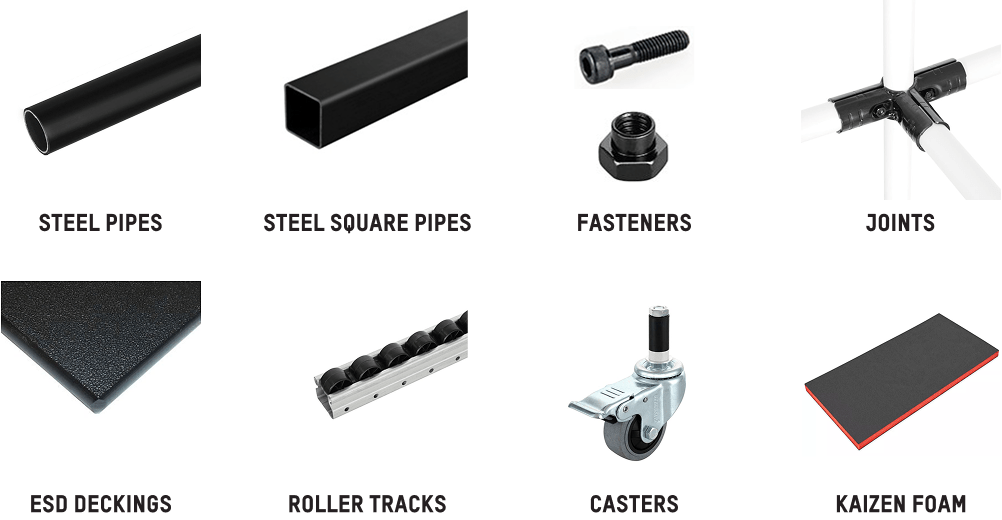 This image shows the main product line for Flexpipe’s steel tubes and joint system. The image shows steel pipes, steel square pipes, fasteners, joints and connectors, ESD decking material, roller tracks, casters, and kaizen foam.