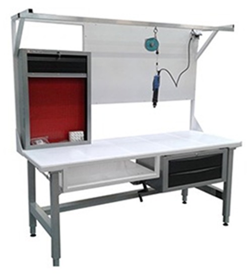 Welded workstation with fixed dimensions. This welded workstation cannot be modified or changed in any way. Extremely expensive and not conducive to lean environments, this fixed, welded workstation does not allow for the same flexibility as a workstation made from Flexpipe’s steel tubes and joints.