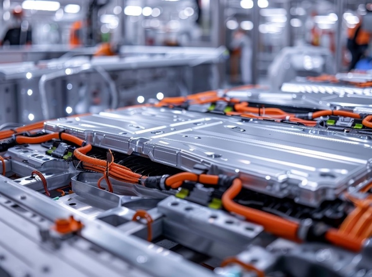 Close-up of an electric vehicle battery pack with orange high-voltage cables in a modern EV manufacturing plant.