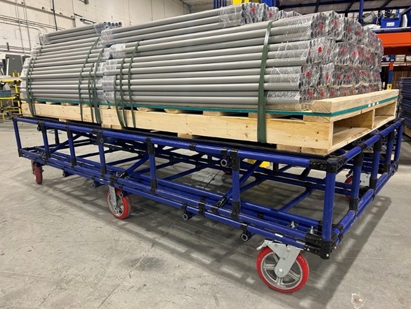 photo of a long heavy-duty cart using 8" inch manual push casters
Second Image: Aerospace Large Parts Transport Cart | Modular Flexpipe Structure