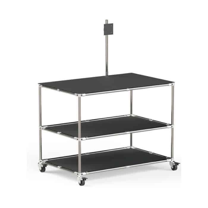 ESD-compliant workstation with UHMW-ESD-compliant work surfaces on all three levels of the workstation. The workstation is made from Flexpipe steel tubes and joints and has four industrial-strength casters for easy maneuverability.