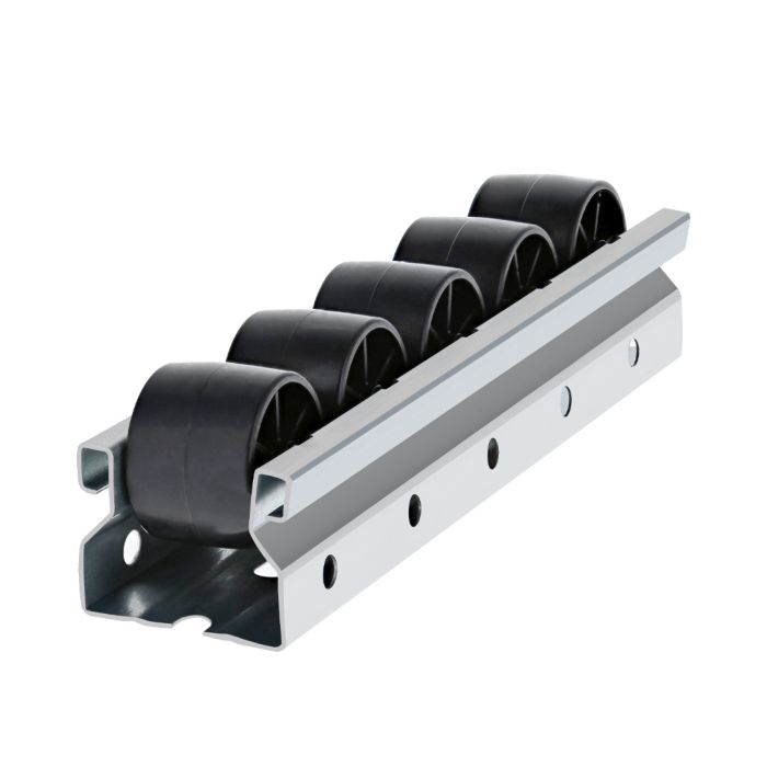 The standard Flexpipe steel 40 mm roller track is over 8 feet long, can be cut to length, and is the ideal solution for flow racks and gravity material handling systems.