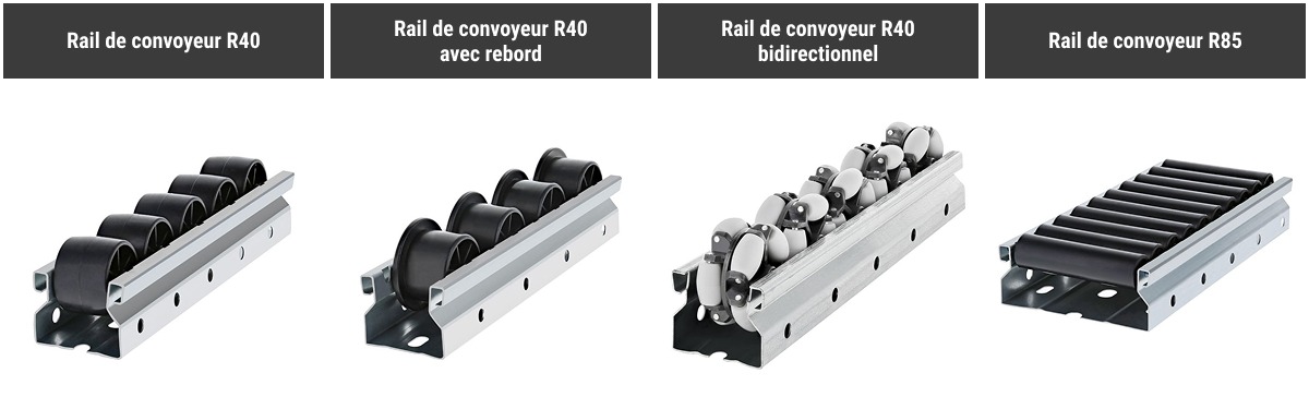 Les rails de convoyeurs R40 permet une solution personnalisée parfaite pour tout rayonnage dynamique FIFO (premier entré, premier sorti) alimenté par gravité, chariot de prélèvement, rayonnage de réapprovisionnement en bord de ligne ou autre structure de manutention.