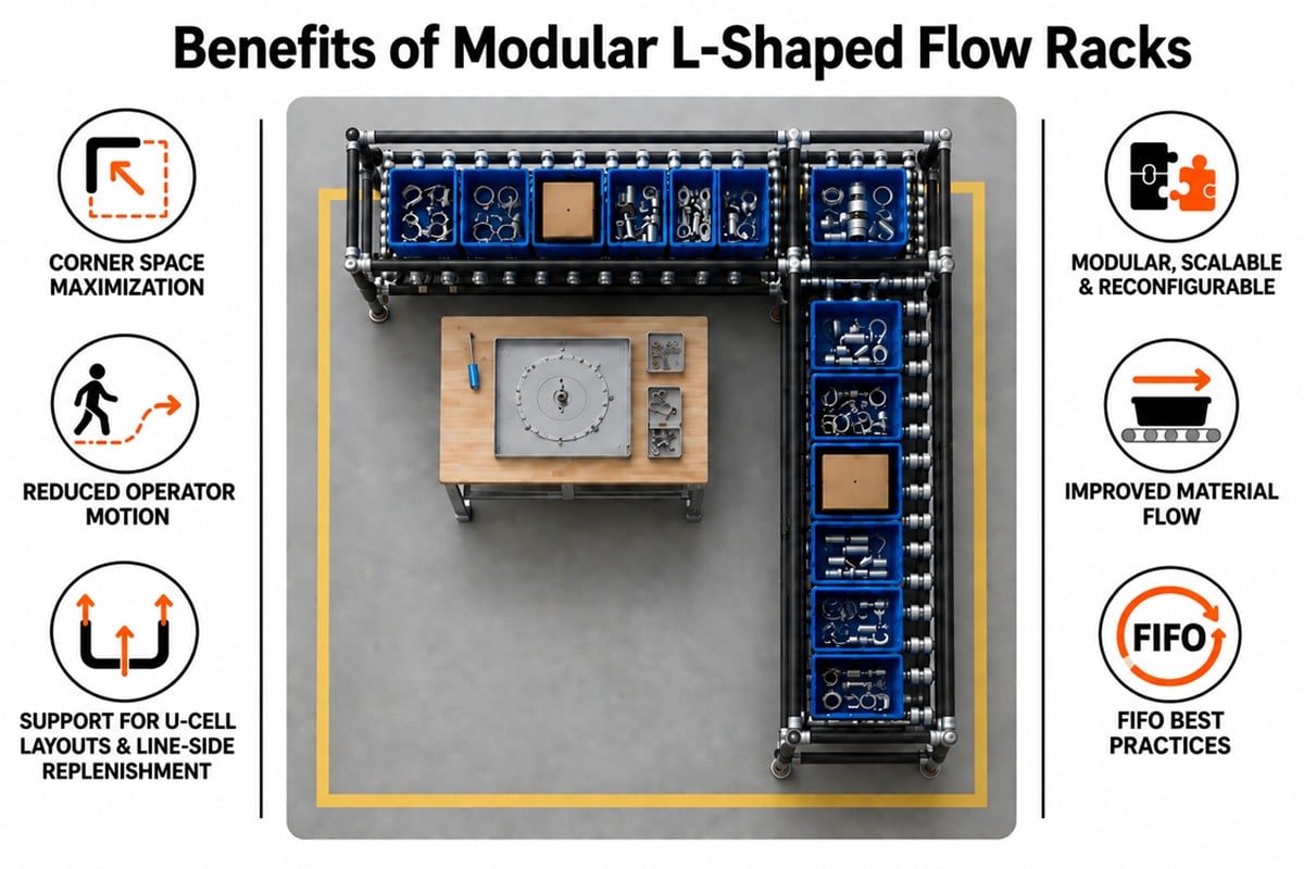 Modular L-shaped flow racks allow manufacturers to maximize corner spaces, reduce operator motion waste, and improve material flow. In addition, modular L-shaped flow racks made with Flexpipe steel tubes and joints are modular and scalable, and L-shaped flow racks can support material requirements for U-cell layouts and line-side replenishment while ensuring FIFO (first-in, first-out) best practices.