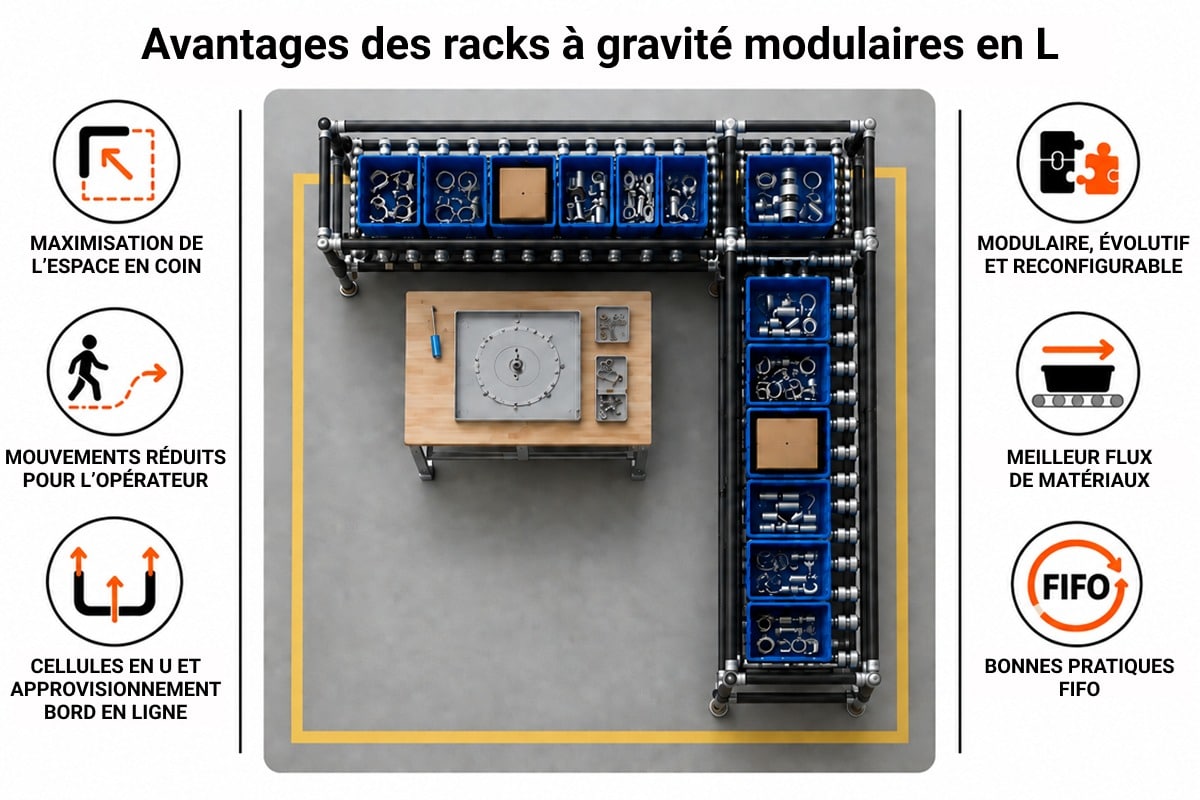 Les racks à gravité modulaires en L permettent aux fabricants d'optimiser les espaces en coin, de réduire les déplacements inutiles des opérateurs et d'améliorer le flux de matériaux. Fabriqués à partir de tubes et joints d'acier Flexpipe, ils sont également modulaires et évolutifs. Les racks à gravité en L peuvent répondre aux besoins d'approvisionnement des cellules en U et des zones de réapprovisionnement en bord de ligne, tout en favorisant l'application des bonnes pratiques FIFO (premier entré, premier sorti).
