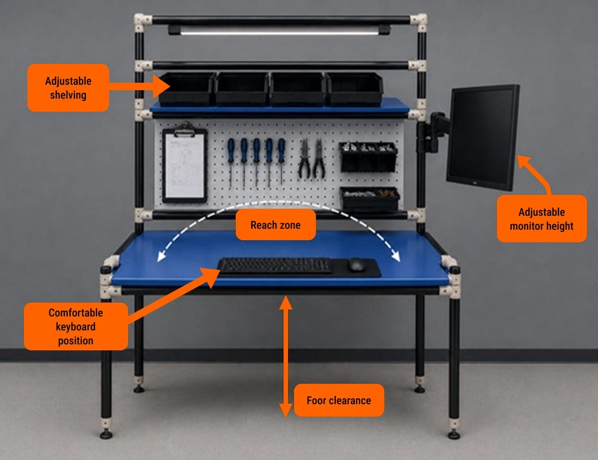 A modular ESD workstation made from Flexpipe materials means that the entire workstation can be optimized for improved ergonomics. That means providing the proper amount of foot clearance, positioning keyboards in a comfortable position, adjusting shelving to reduce overreach, providing a larger, more comfortable work zone and making the ESD workstation tailored to the needs of the operator.