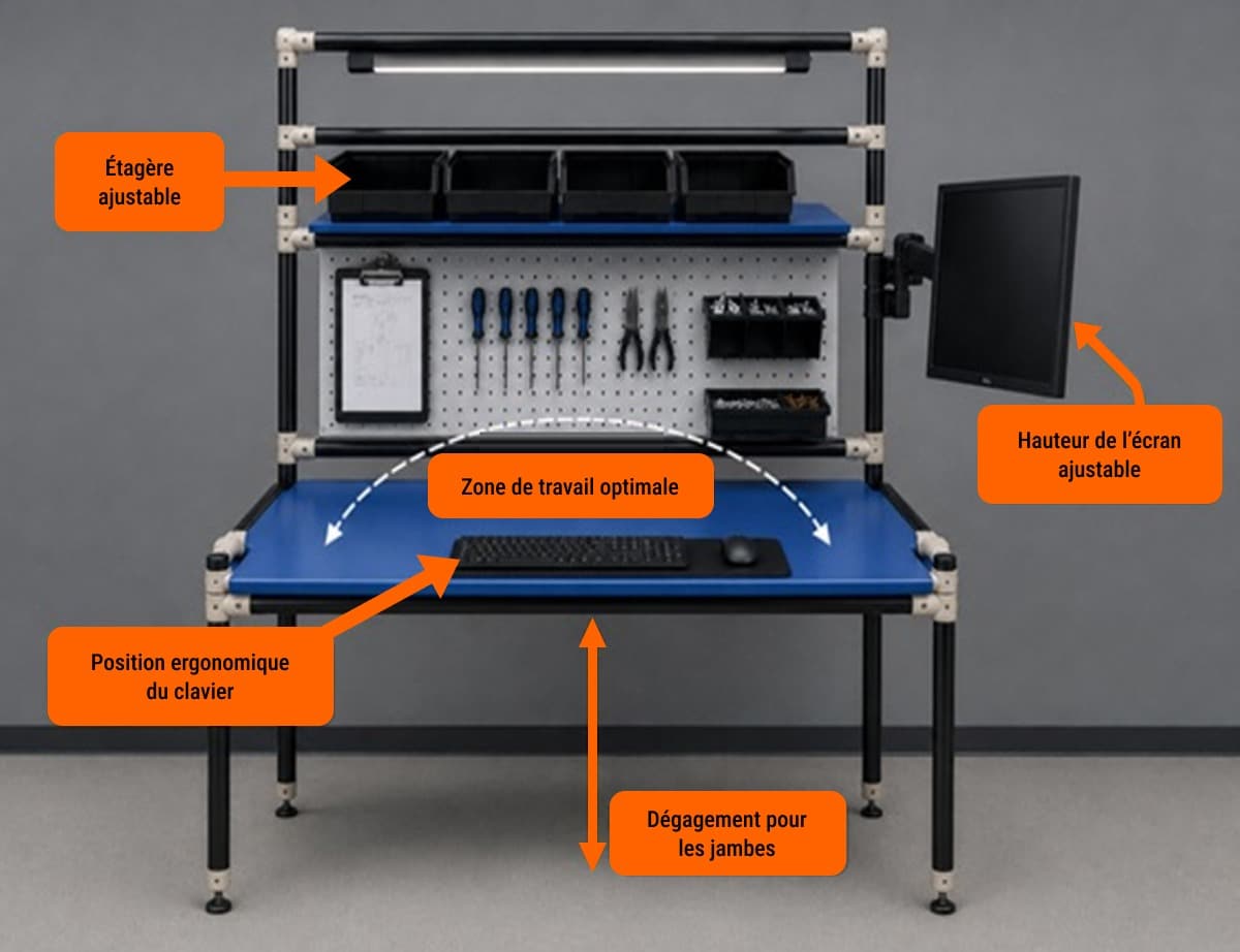 Poste de travail modulaire ESD fabriqué à partir des matériaux compatibles ESD de Flexpipe. Sa conception ergonomique comprend une zone de travail optimisée, un dégagement suffisant pour les jambes, une position ergonomique du clavier, des étagères ajustables et un écran réglable en hauteur afin d'améliorer le confort, de réduire les mouvements inutiles et d'adapter le poste de travail aux besoins de l'opérateur.