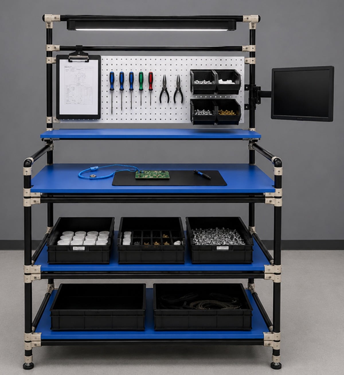 Flexpipe Inc. provides all the ESD-ready materials that allow manufacturers in electronic assembly to build custom-sized modular and scalable workstations that can eventually become ESD compliant after auditing. By providing ESD-ready steel tubes and joints, accessories, connectors, boards, and other building components, electronic manufacturers can design and assemble their own ESD workstation.