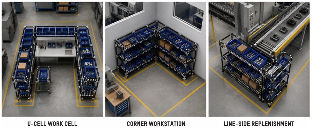 Modular L-shaped flow racks made from Flexpipe steel tubes and joints allow manufacturing to provide perfect-sized material handling and delivery structures for U-cells, corner workstations, and line-side replenishment.