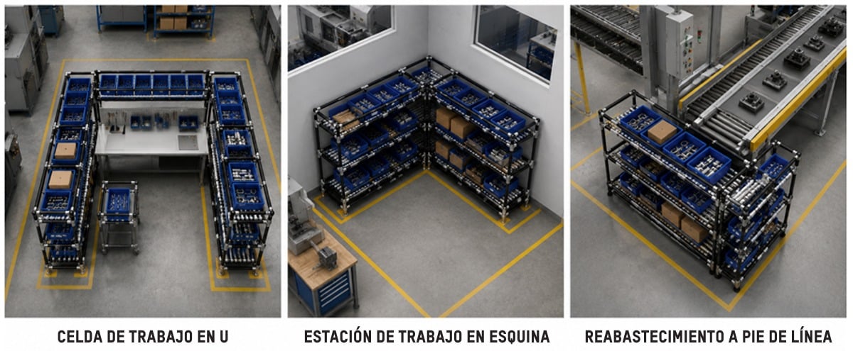 Los racks de flujo modulares en L fabricados con tubos y juntas de acero Flexpipe permiten a los fabricantes crear estructuras de manejo y abastecimiento de materiales a medida para celdas en U, puestos de trabajo en esquina y reabastecimiento en línea de producción.