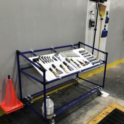 single-level Flexpipe 5S mobile cart made with blue steel tubes and black connectors and joints.