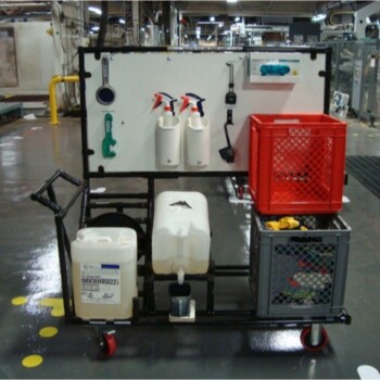 Versatile multi-purpose cart featuring a dedicated section for a shadow board and another compartment for transporting materials