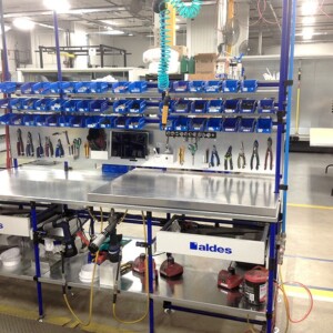 Ergonomic workstation with flow racks, roller tracks, tool storage, and shelves for electrical equipment assembly